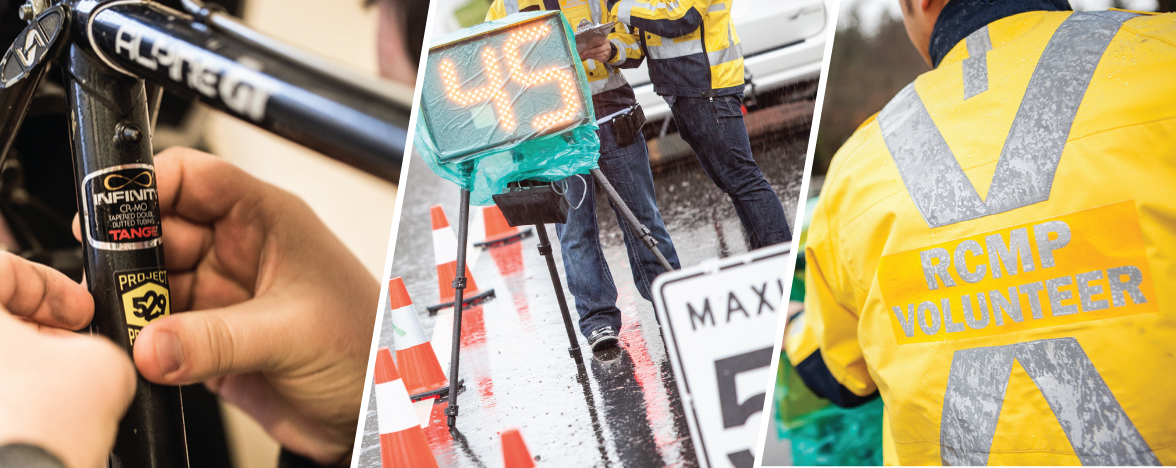 collage of images including a bike, speed patrol, and volunteer vest