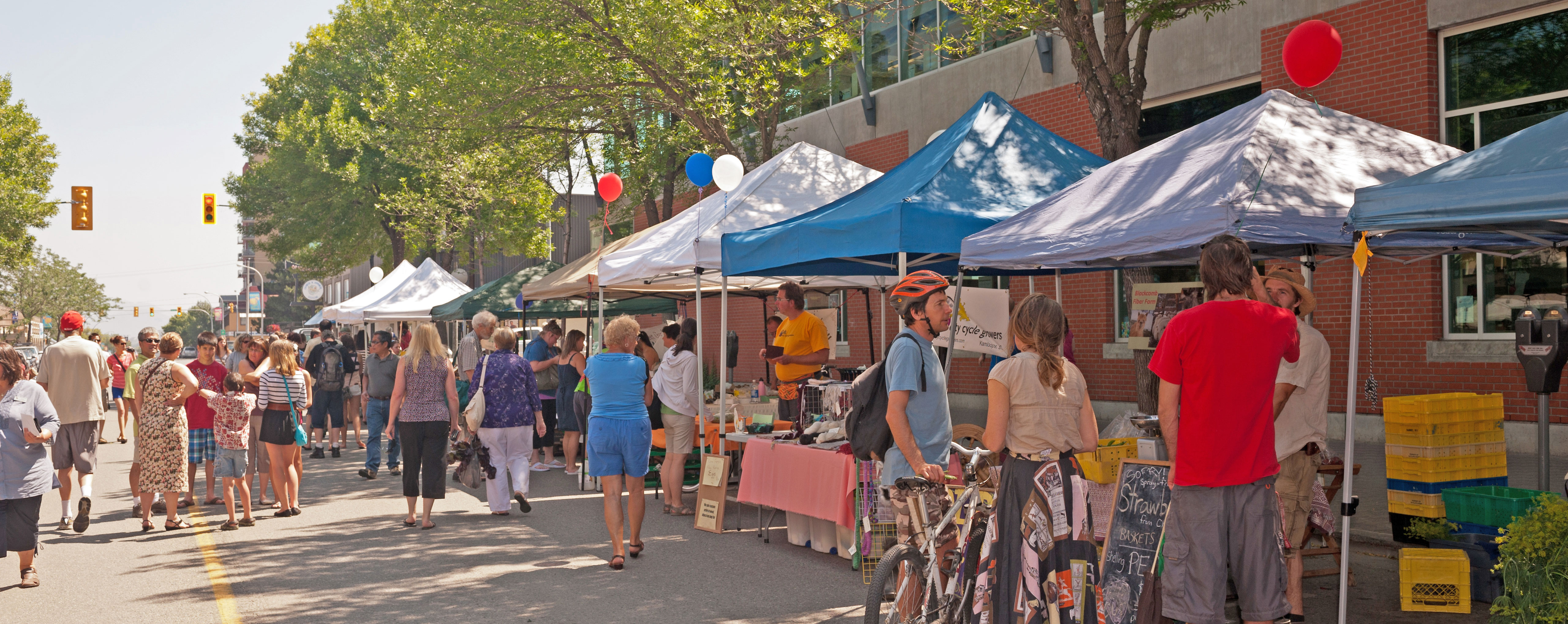 Outdoor Farmer's market with tents and crowd