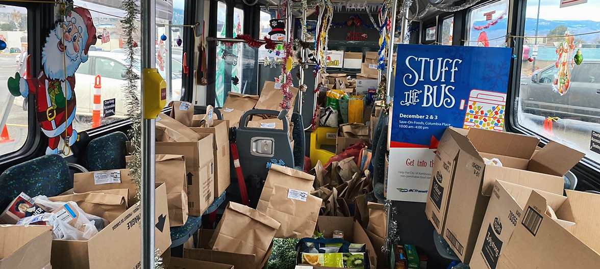 Collected donations inside transit bus