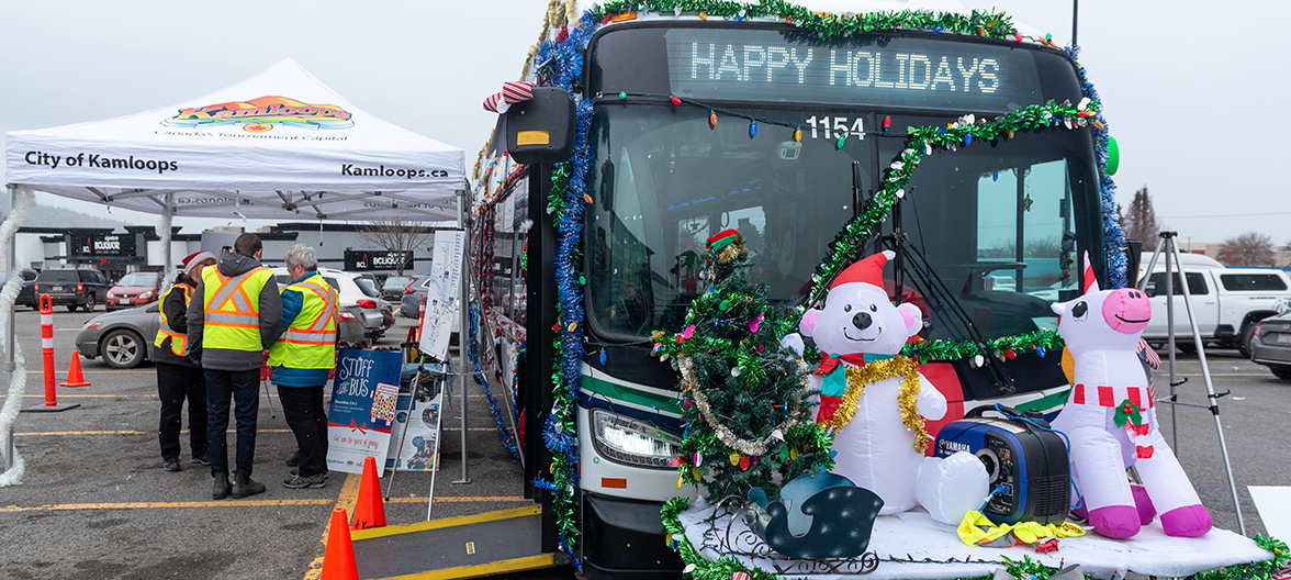 Front of festively decorated transit bus