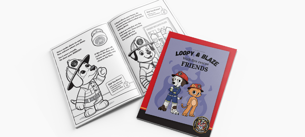 black and white line drawing of a dog in firefighter uniform
