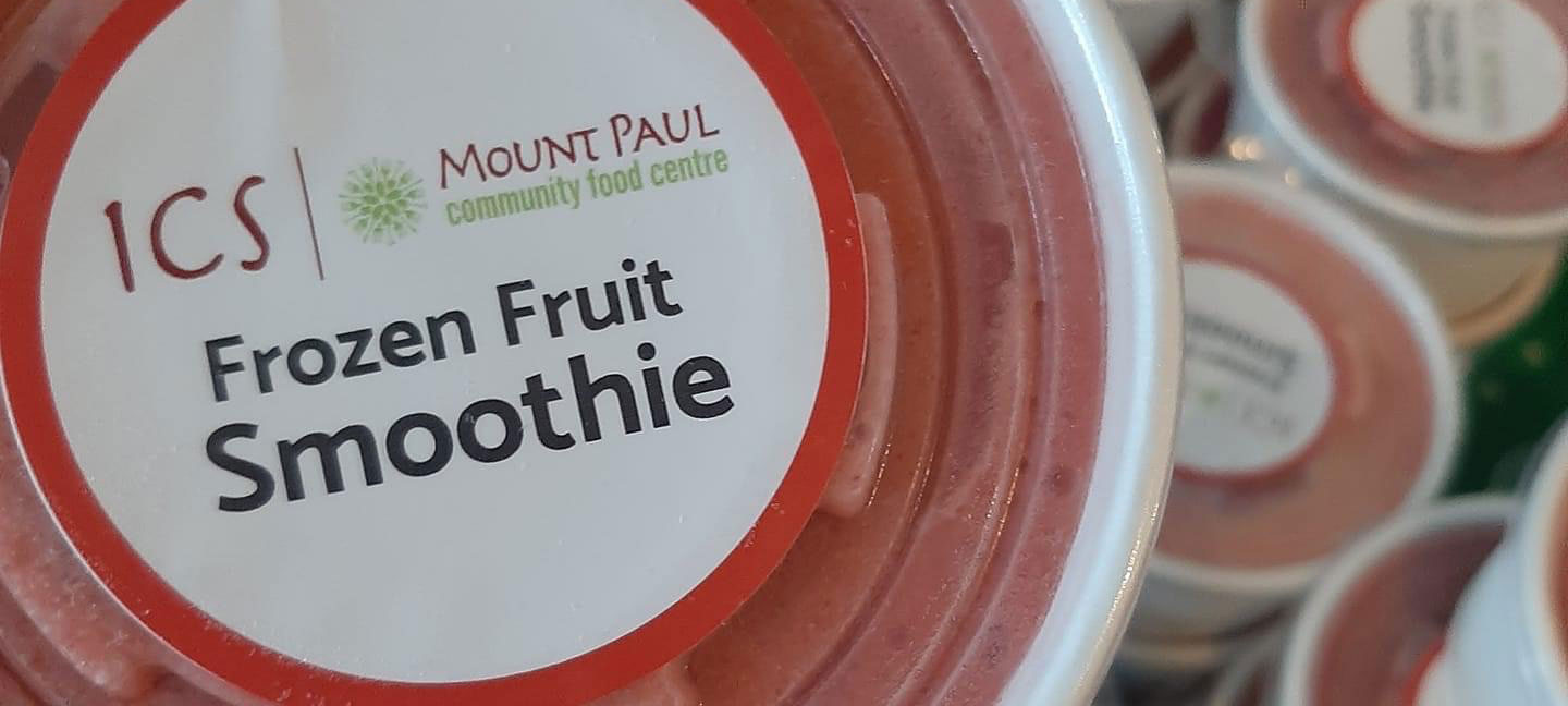 red and white frozen fruit smoothie drink label
