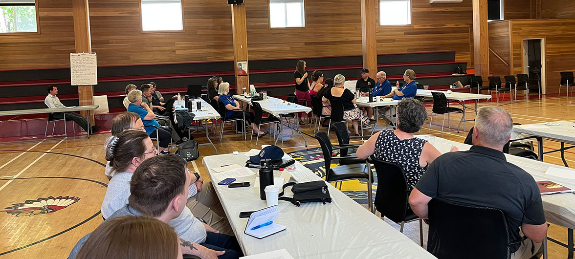 Participants at rectangular tables in training session