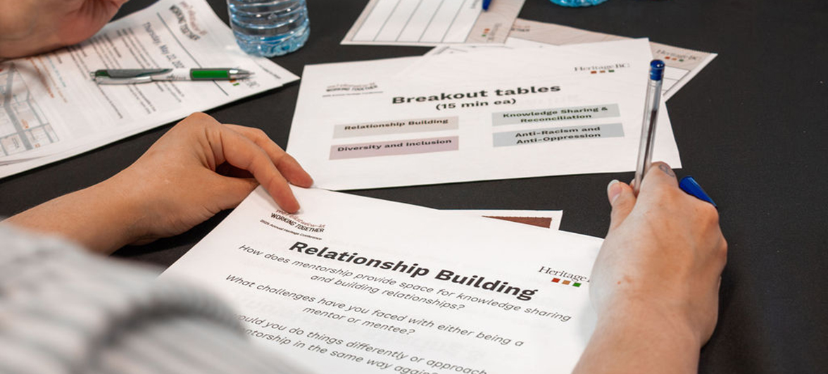 Heritage BC Conference materials titled Relationship Building displayed on a table. 