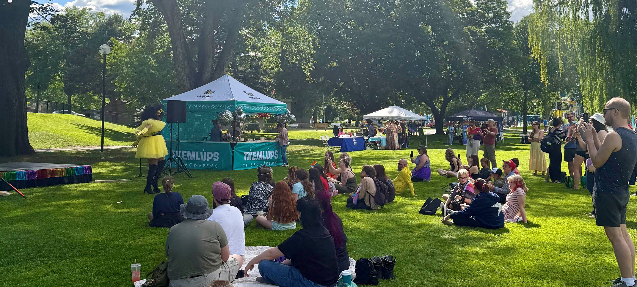 Residents sitting in the grass at Riverside Park watching a drag queen in a bright yellow dress give a presentation