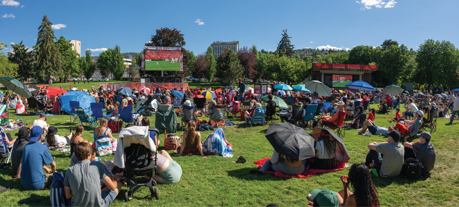 a big crowd of spectators in Riverside Park watching a soccer match on a big screen