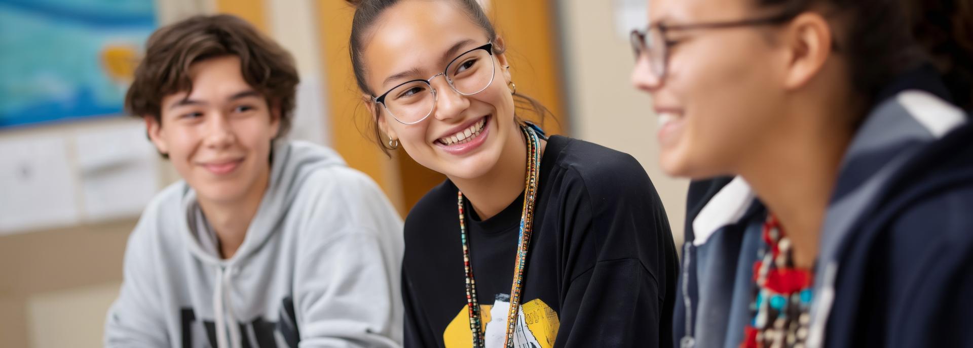 three indigenous high school students sit together smiling at each other in a classroom