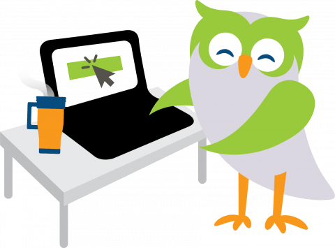 Illustrated owl in front of laptop