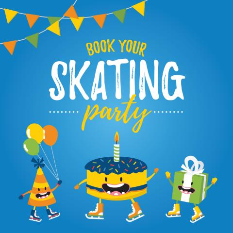 Graphic illustration of a cake, present, and party hat with smiling faces wearing skates on a blue background